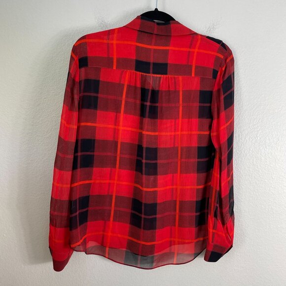 Kate Spade Womens 4 Ruffle Woodland Red Black Plaid Chiffon Blouse 100% Silk Top - Picture 12 of 12